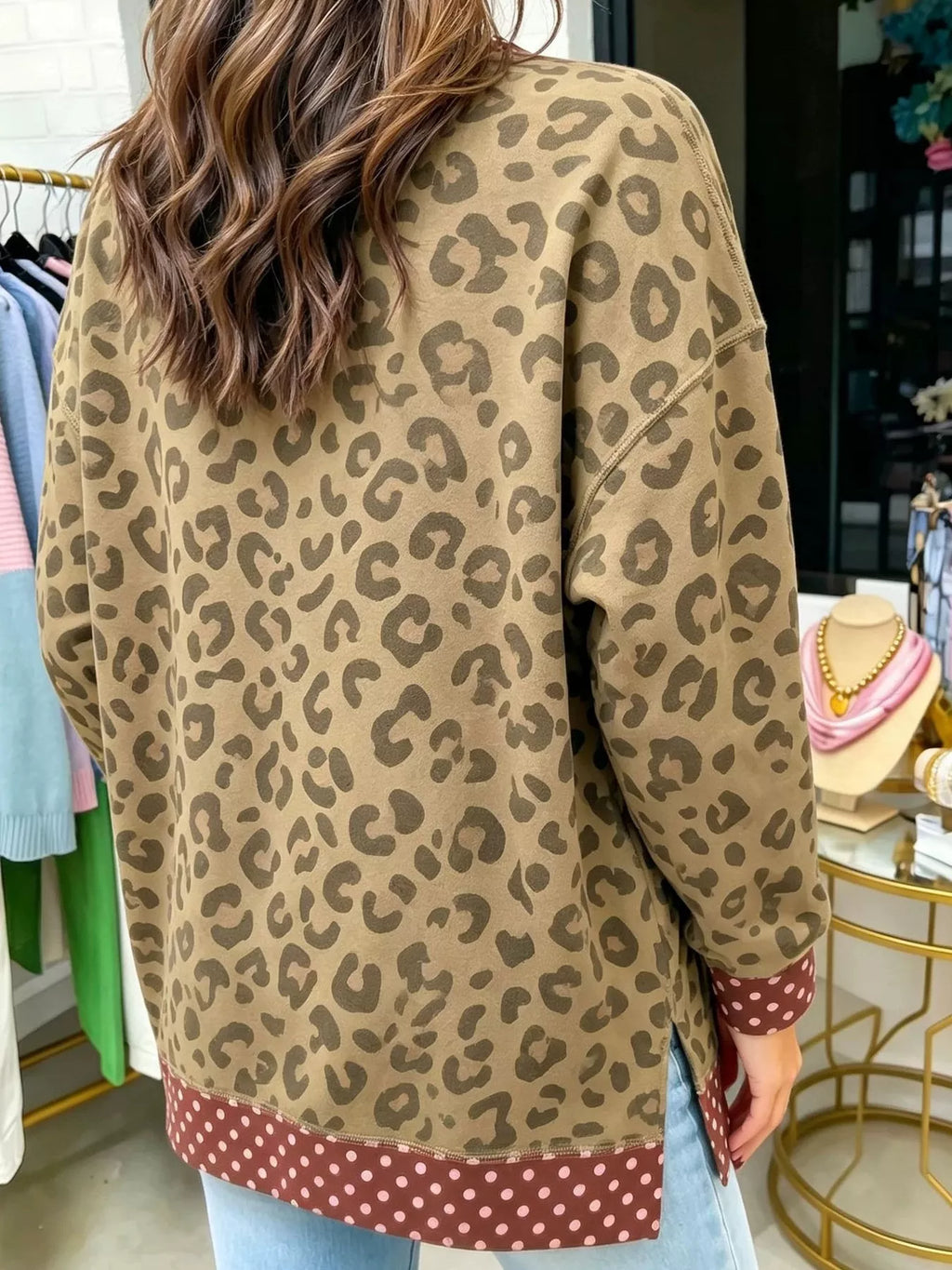 Side Slit Leopard Sweatshirt with Polka Dot Trim - Lilixa.store