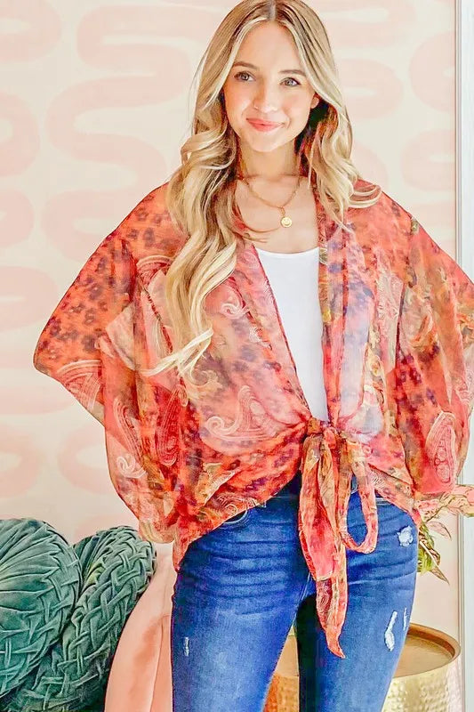 And The Why Front Tie Knot Oversized Print Top in Rust, view 5
