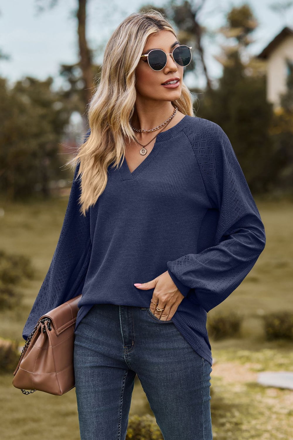 Notched Neck Raglan Sleeve Blouse, view 5