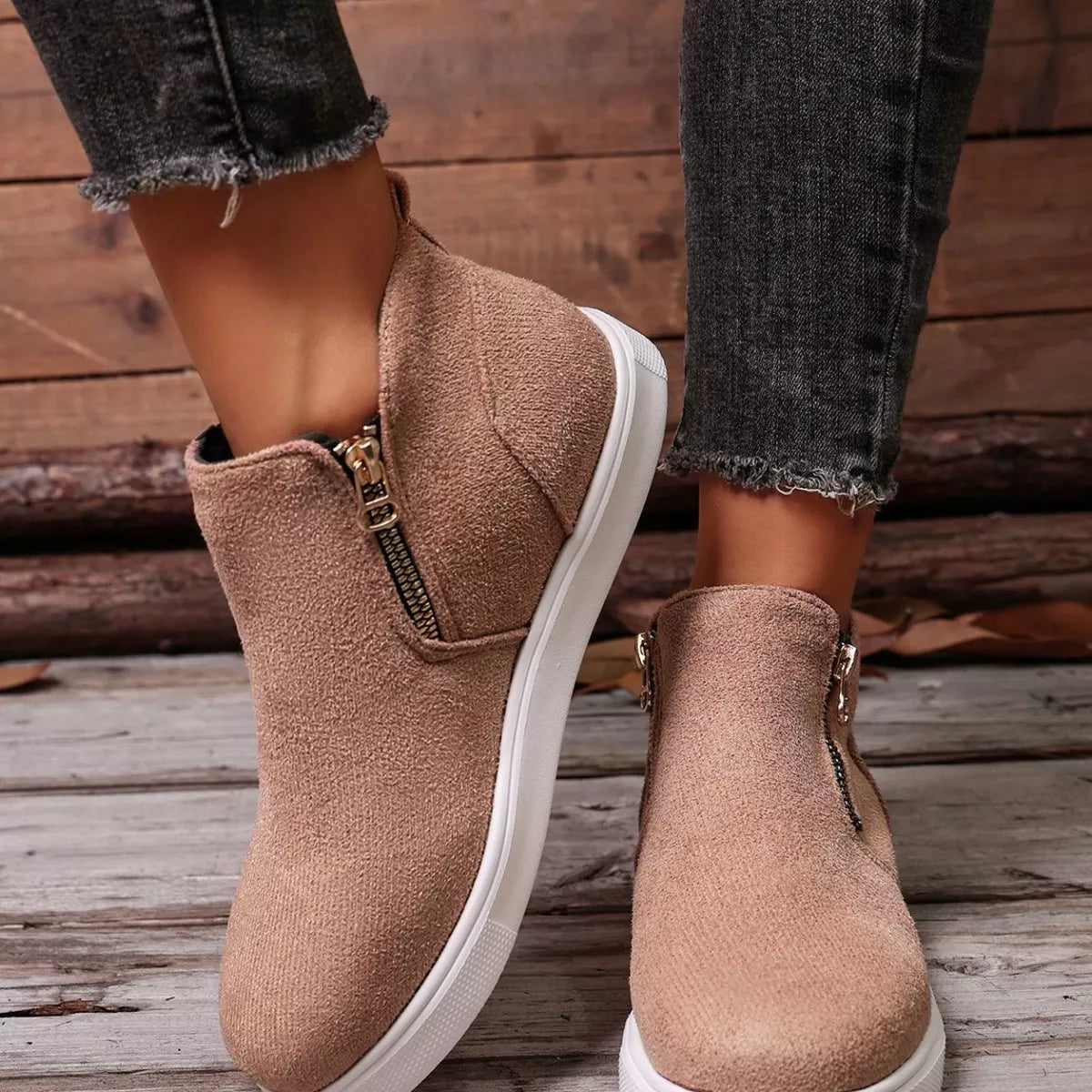 Suede Ankle Boots with Side Zipper in Pink