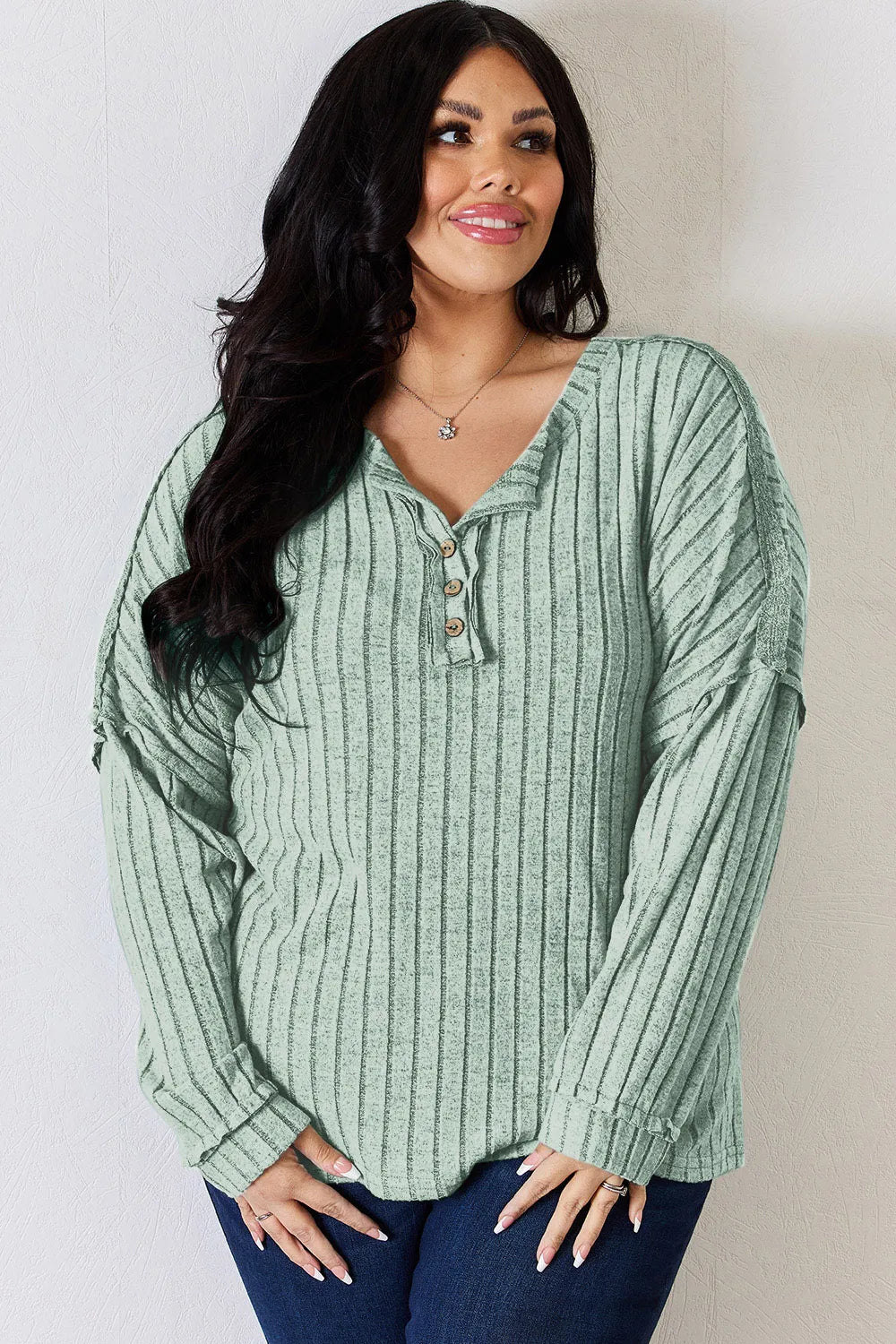 Basic Bae Full Size Ribbed Half Button Long Sleeve T-Shirt - Lilixa.store