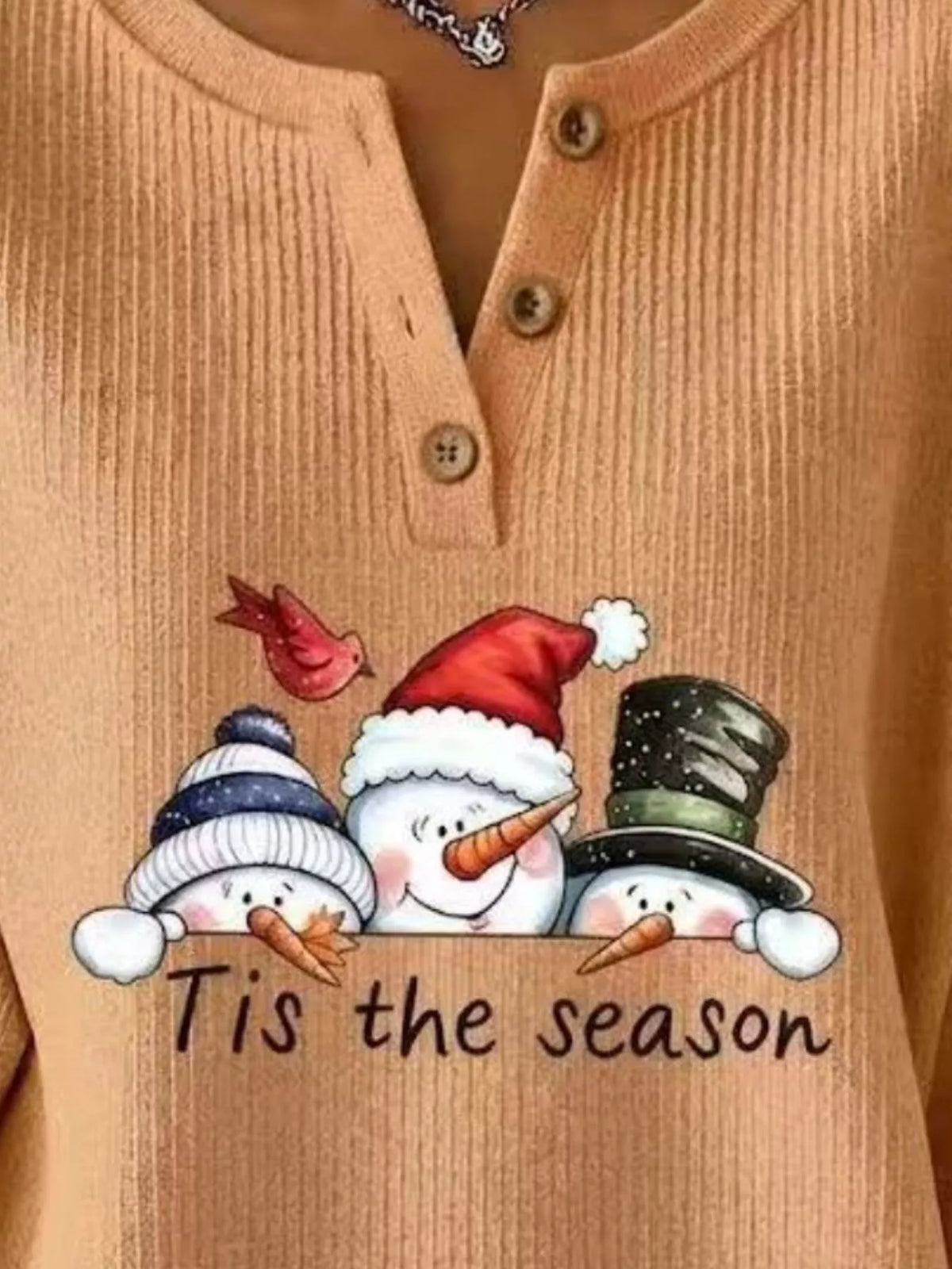 Full Size Christmas Themed Snowman Graphic Ribbed Henley Sweatshirt Plus Size, view 3