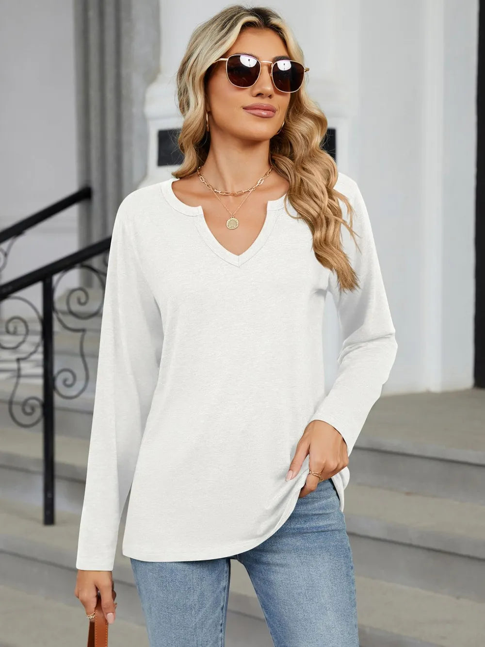 Notched Long Sleeve T-Shirt - Lilixa.store