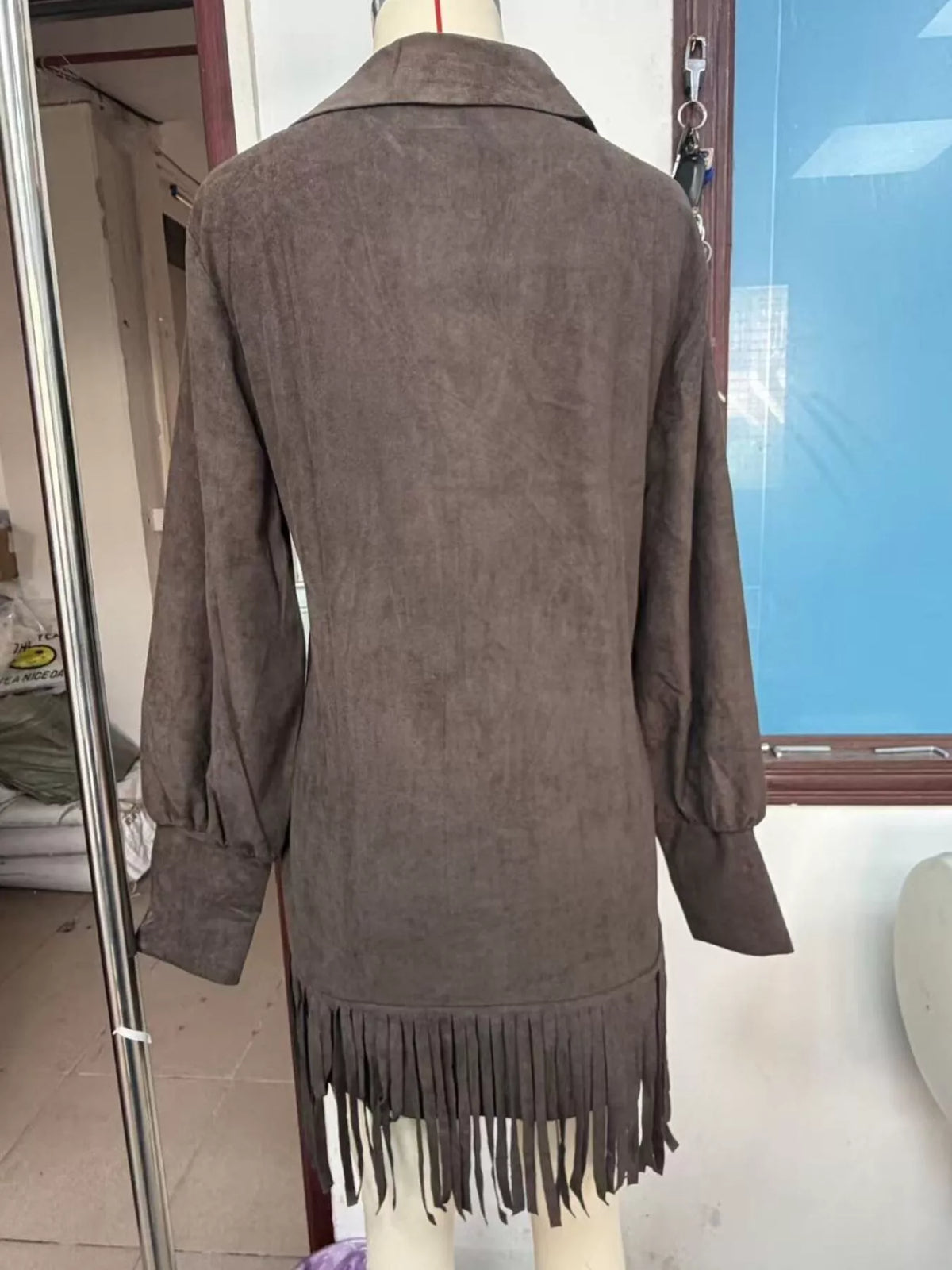 Fringed Lantern Sleeve Dress - Lilixa.store