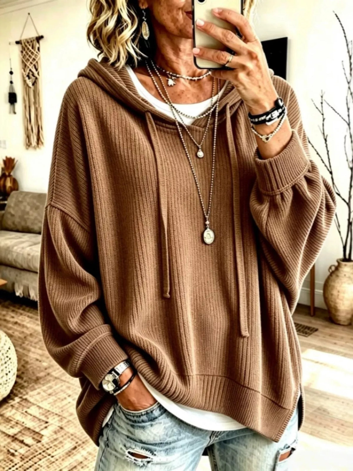 Drawstring Ribbed Knit Hoodie - Lilixa.store