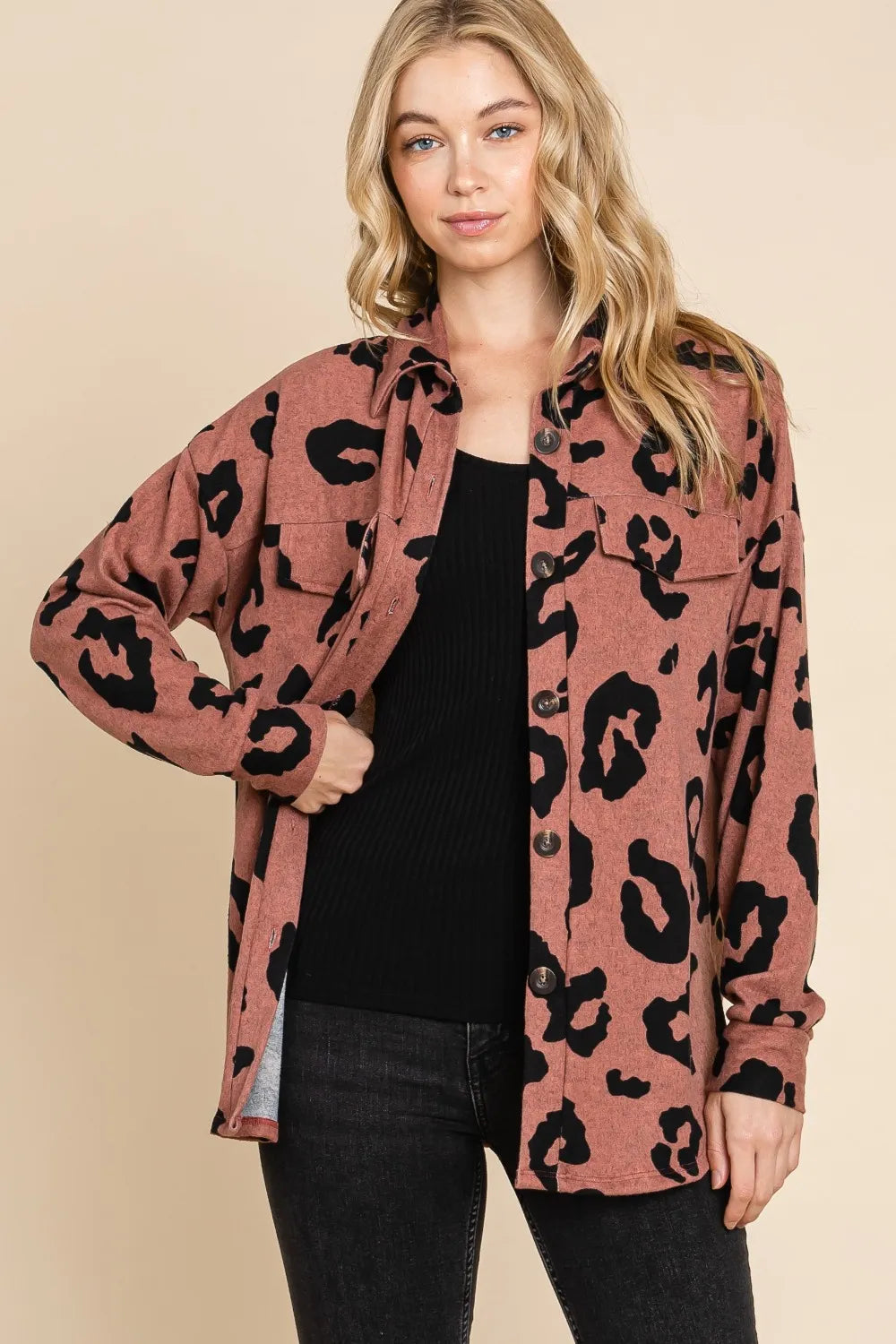 BOMBOM Animal Print Button Up Knit Shacket - Lilixa.store