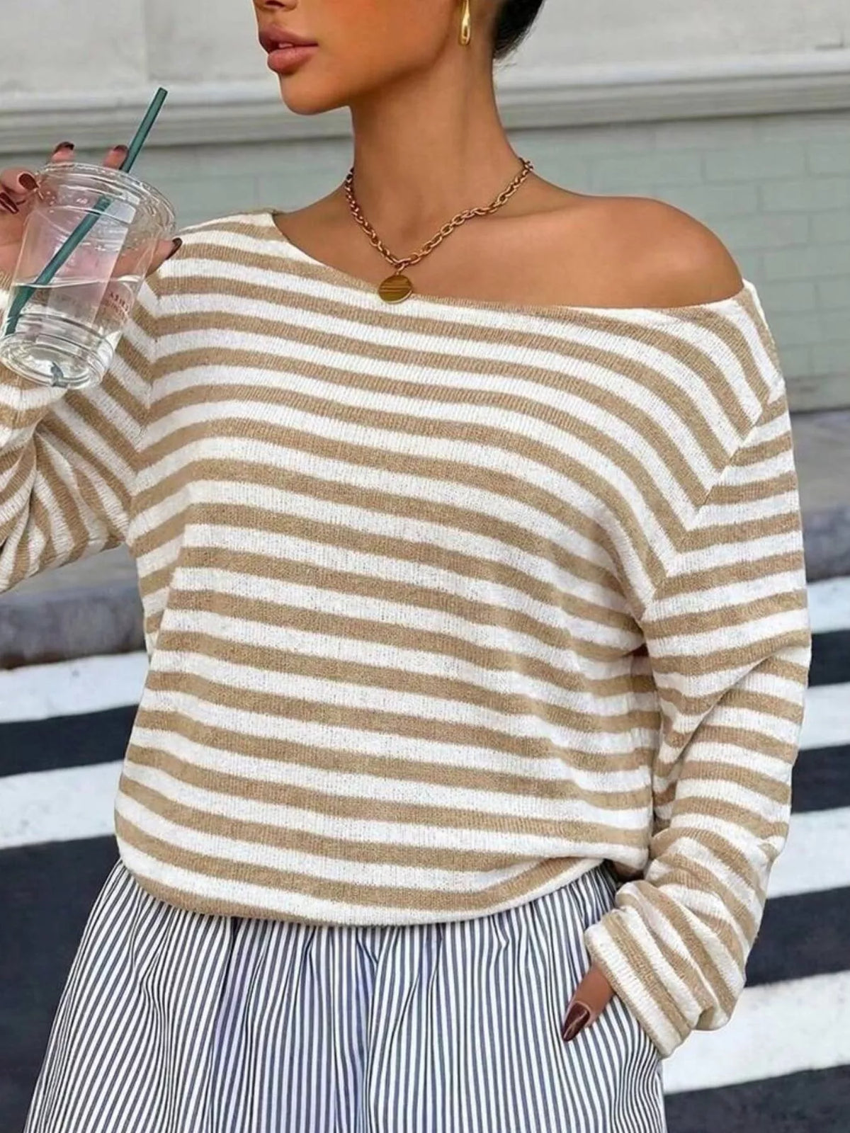 Boat Neck Striped Long Sleeve T-Shirt