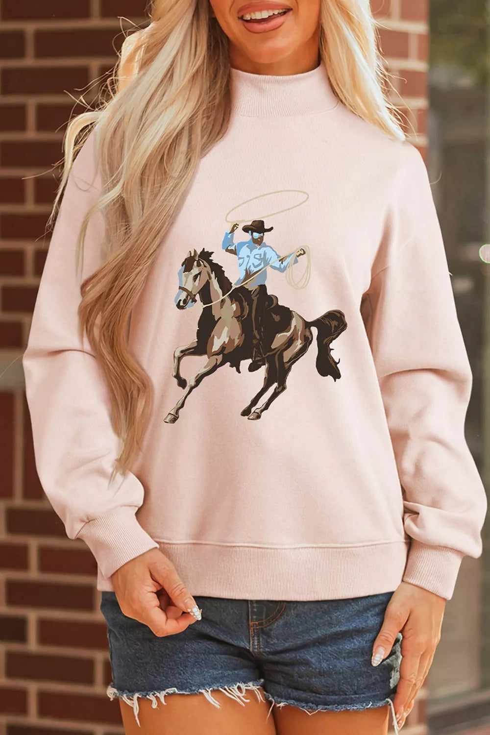 Western Cowboy Rodeo Print Mock Neck Sweatshirt - Lilixa.store