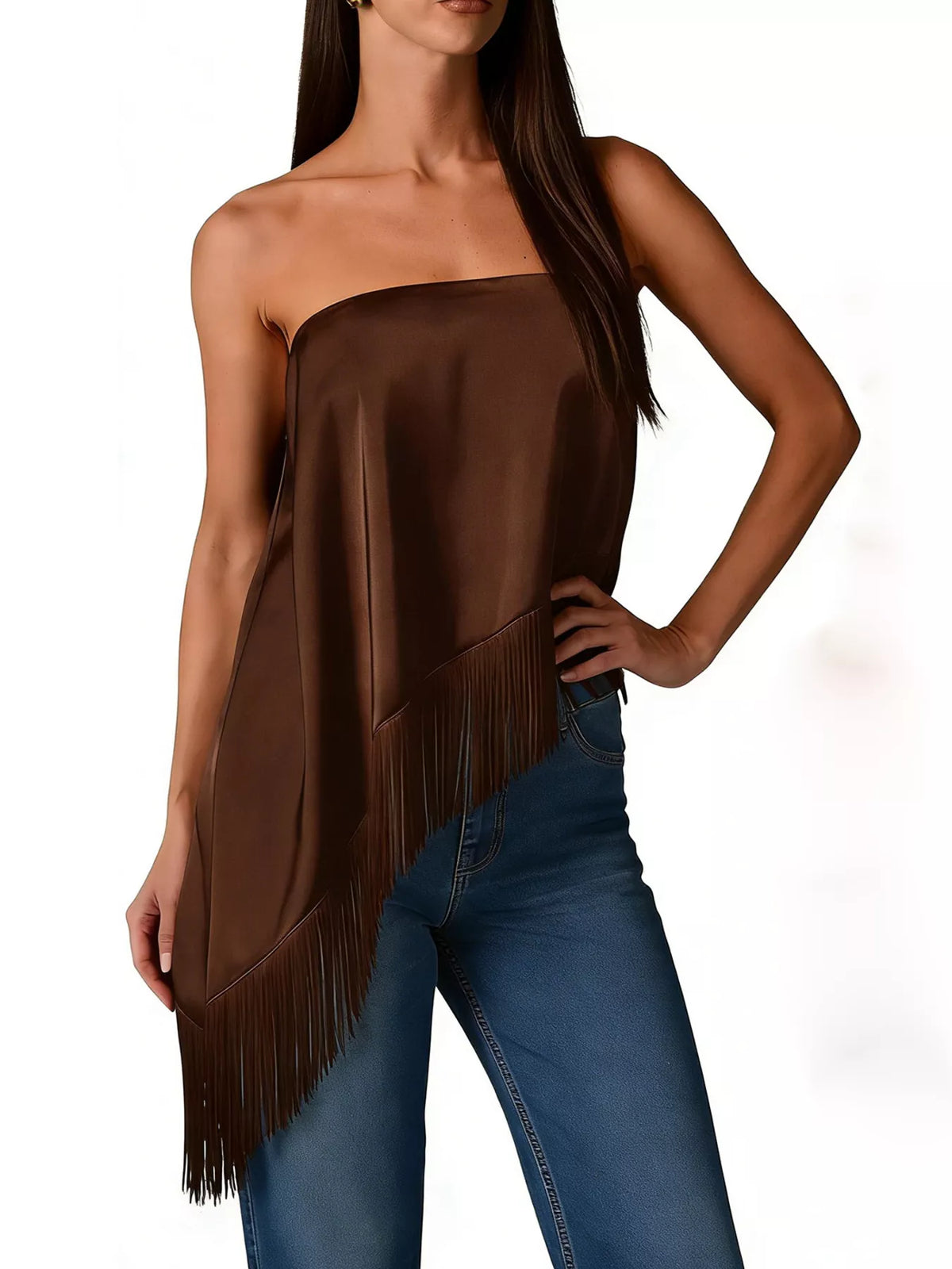 Asymmetric Fringe Tube Top in Brown