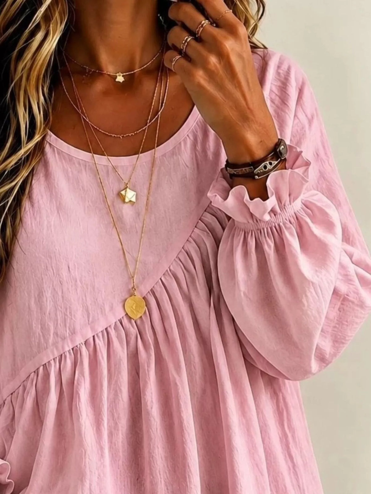Long Sleeve Blouse with Asymmetric Pleated Detail - Lilixa.store