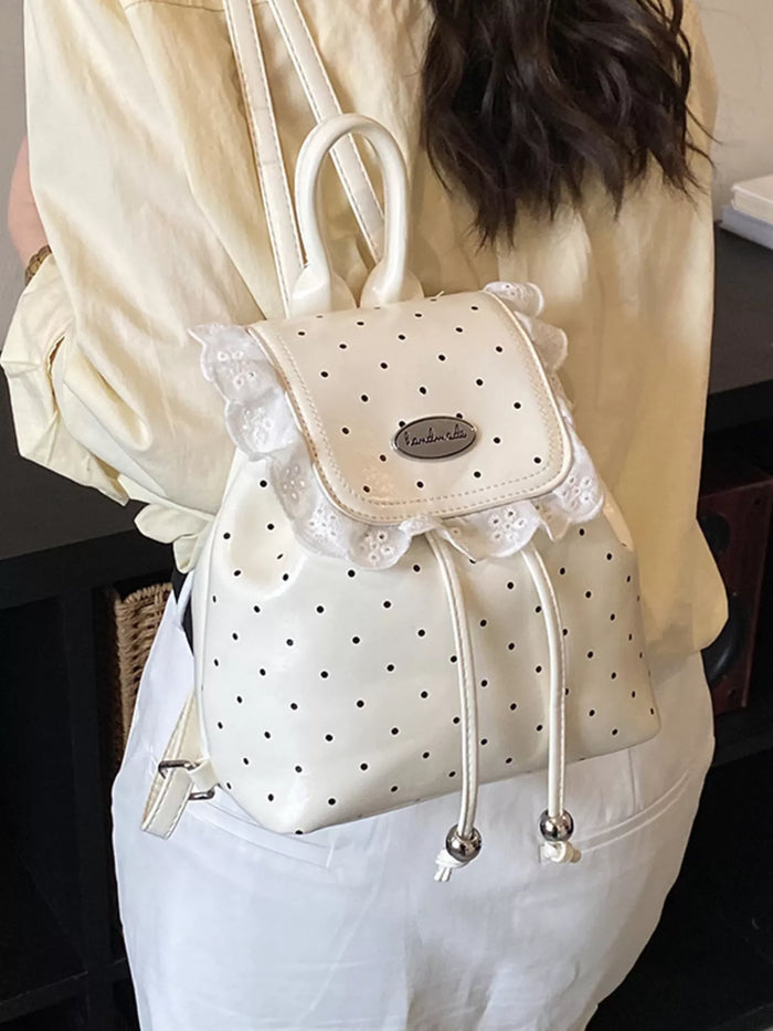 Polka Dot Lace Trim Backpack Bag - Lilixa.store