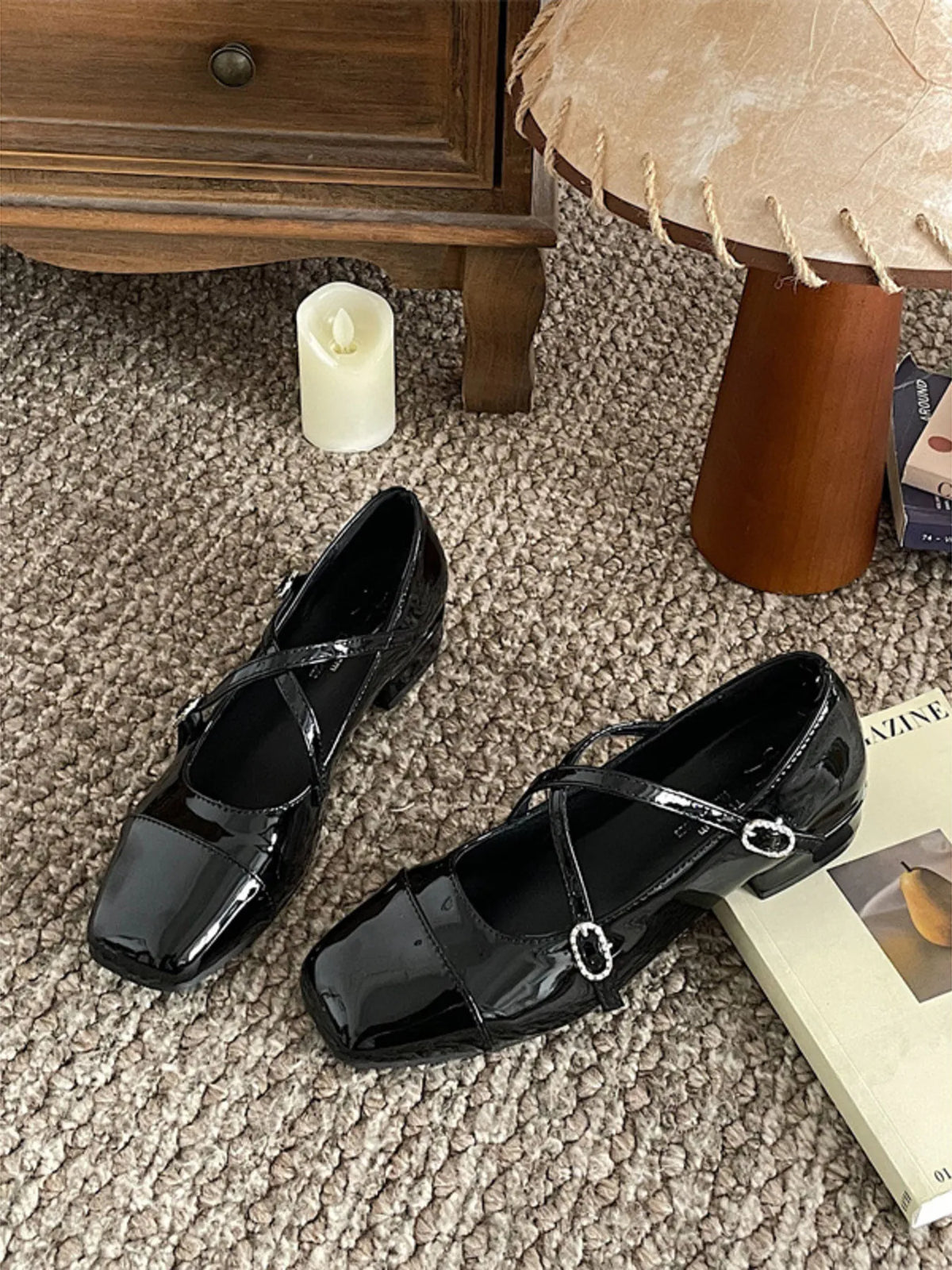 Crisscross Buckle Square Toe Mary Jane Loafers in Black
