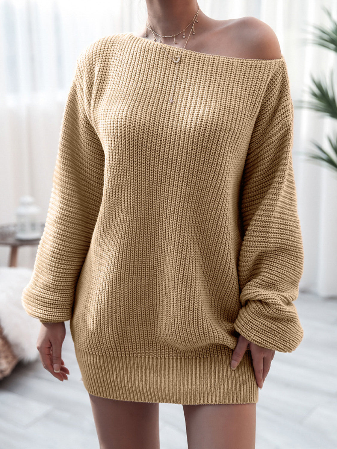 Rib-Knit Mini Sweater Dress in Khaki