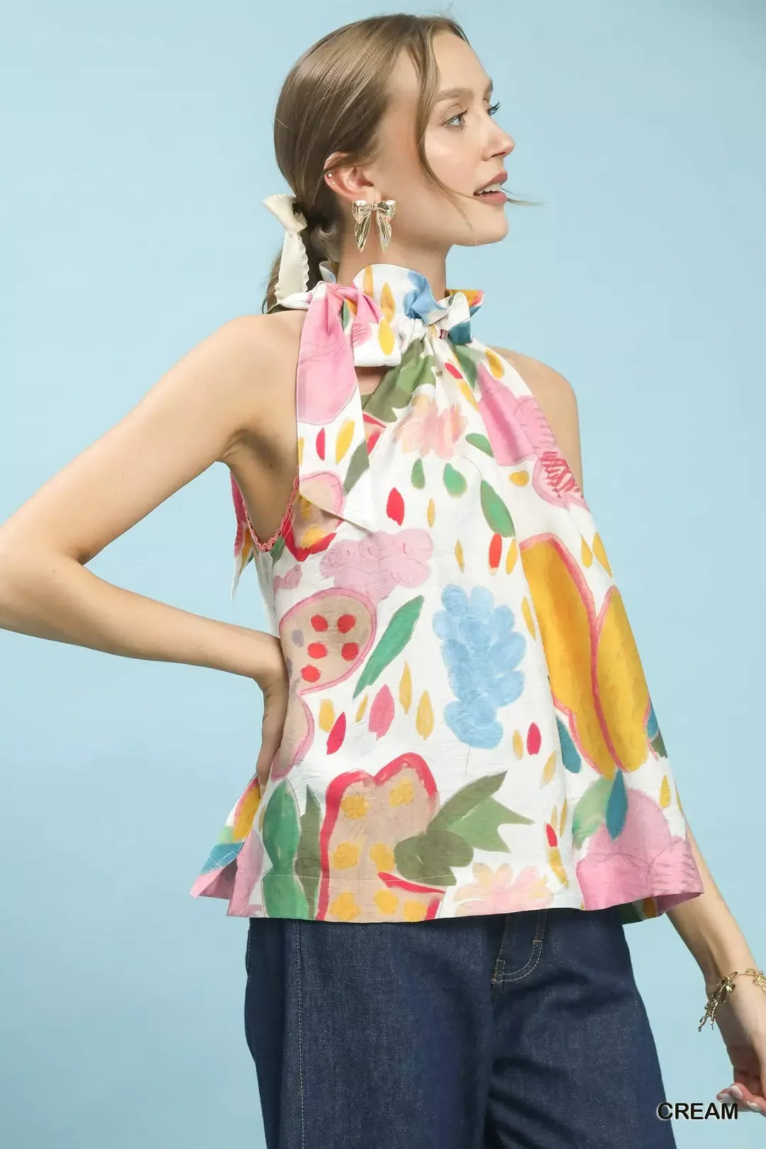 Umgee Multi-Color Floral Halter Neck Boho Top in Cream, view 2