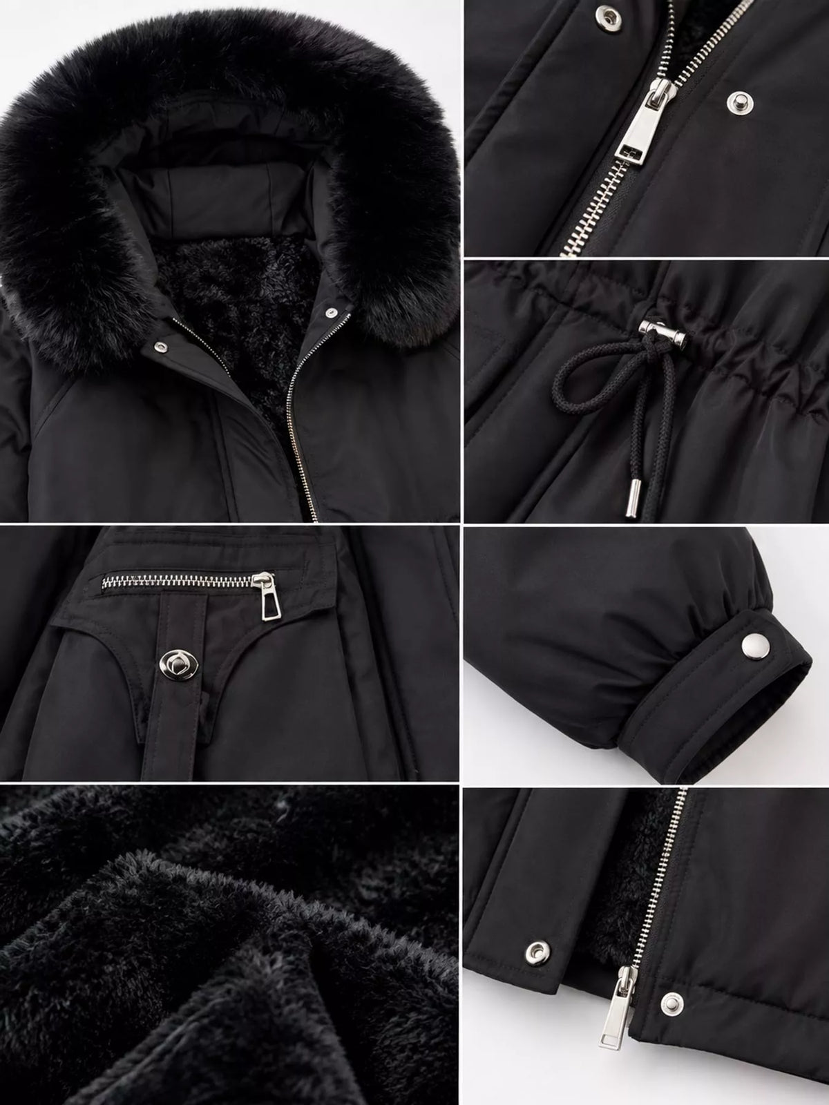 Plus Size Faux Fur Hooded Drawstring Waist Winter Parka Outerwear, view 5