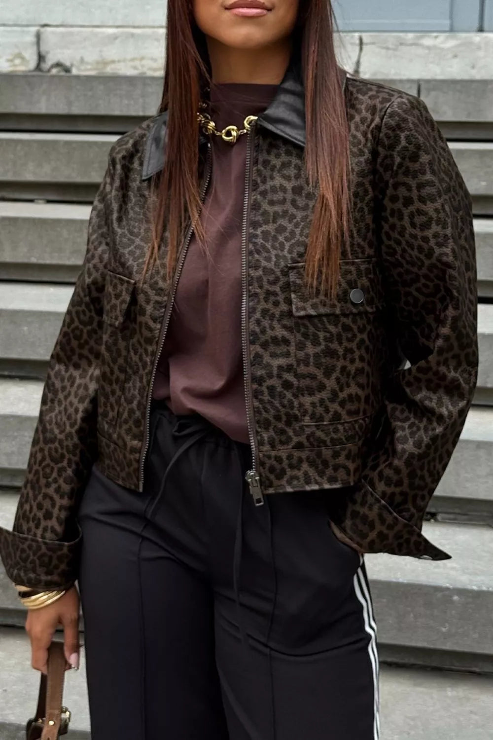 Leopard Print Cropped Faux Leather Jacket with Utility Pockets - Lilixa.store