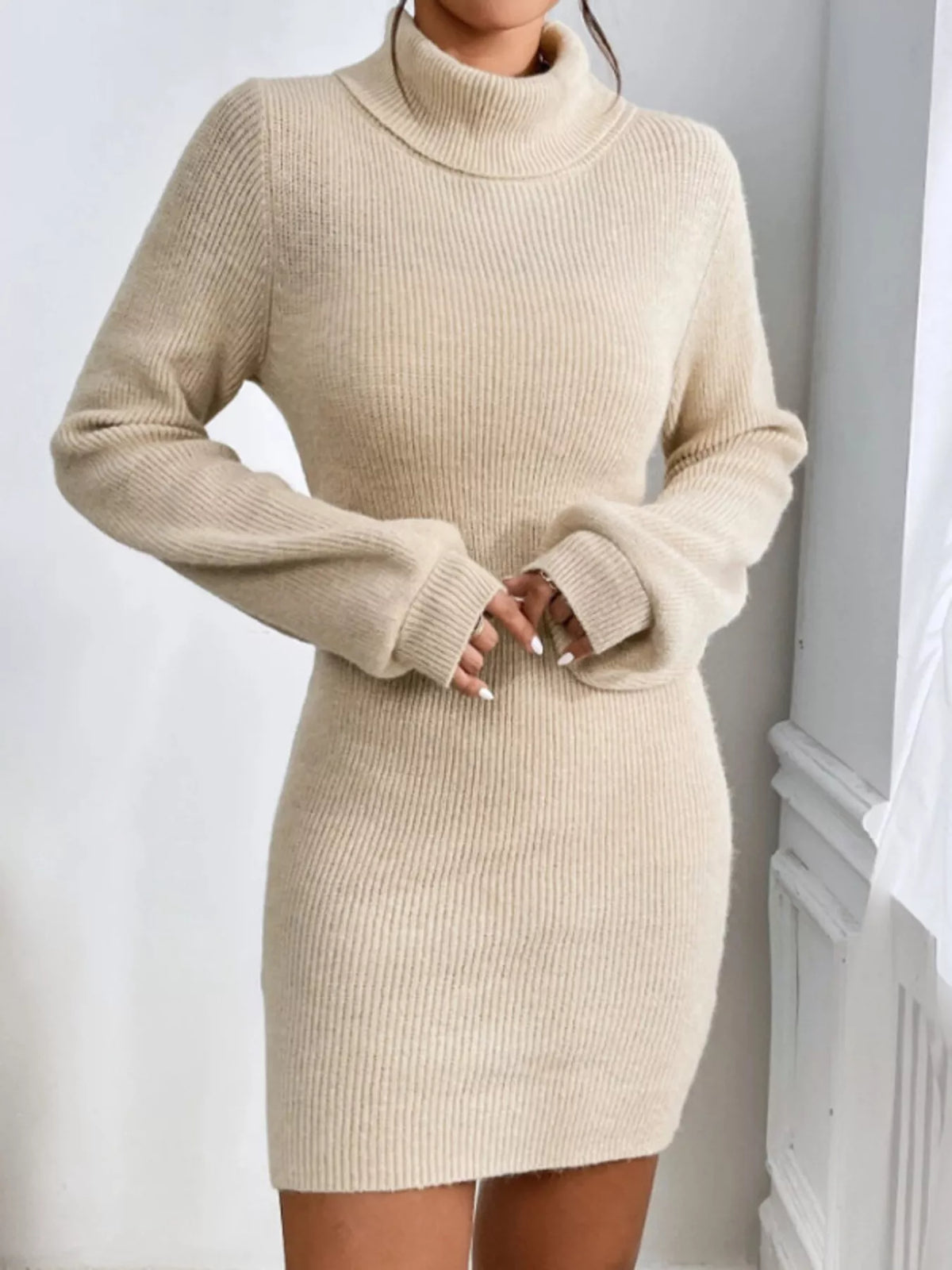 Turtleneck Ribbed Knit Sweater Dress, view 3