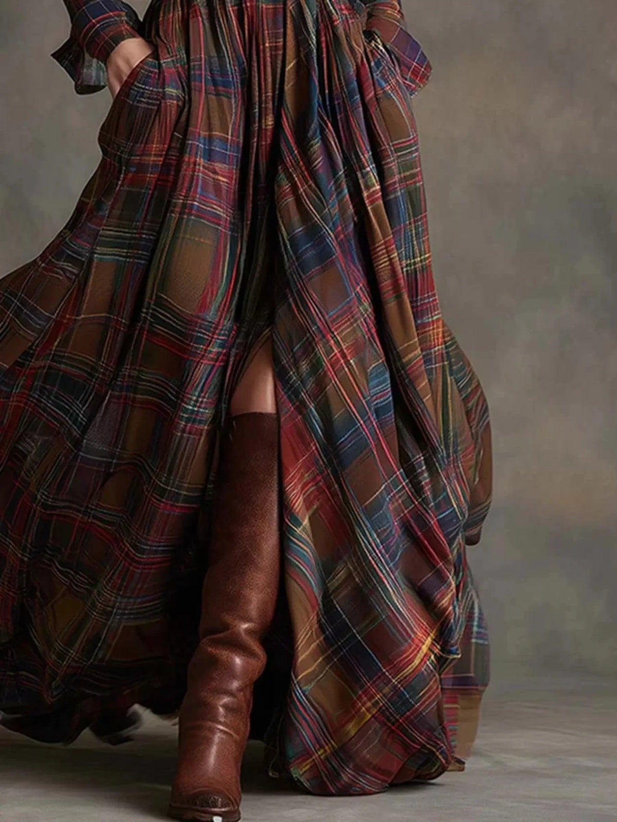 Full Size Plaid Long Sleeve Shirt Maxi Dress Plus Size