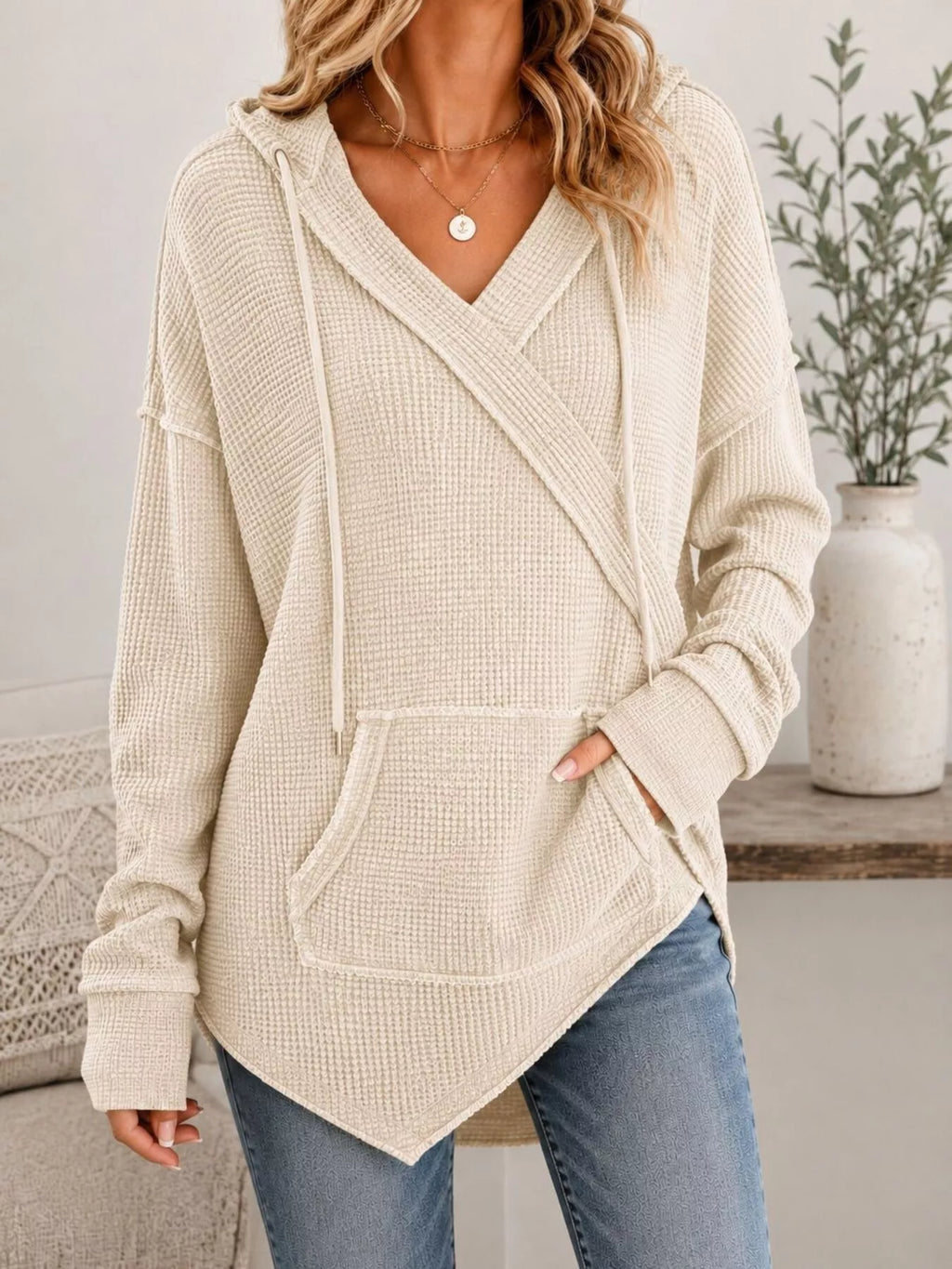 Drawstring Waffle Knit Hoodie - Lilixa.store