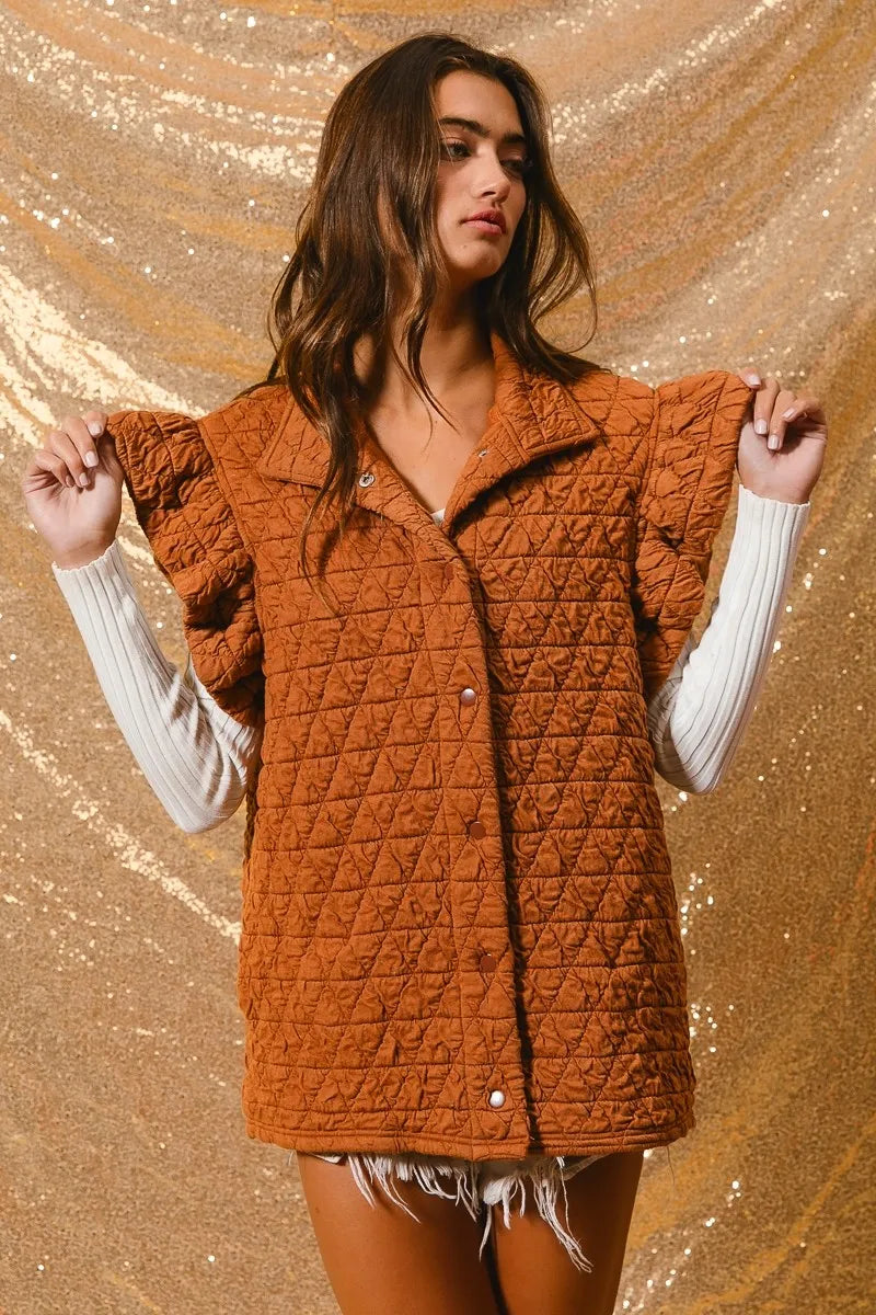 BiBi Quilting Knit Ruffle Sleeve Vest in Rust, view 2
