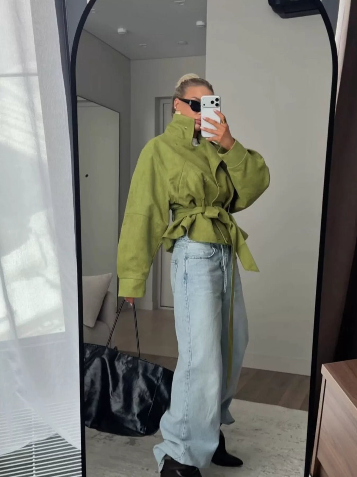 Tie Waist Long Sleeve Cropped Jacket in Matcha Green, view 9