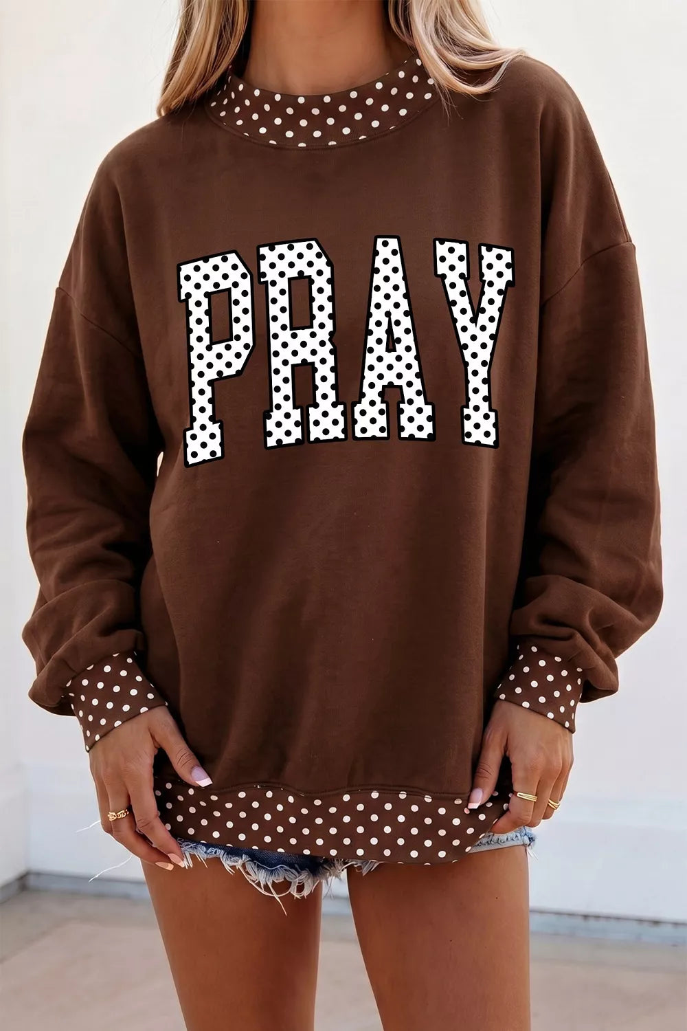 Polka Dot Trim 'PRAY' Graphic Sweatshirt - Lilixa.store