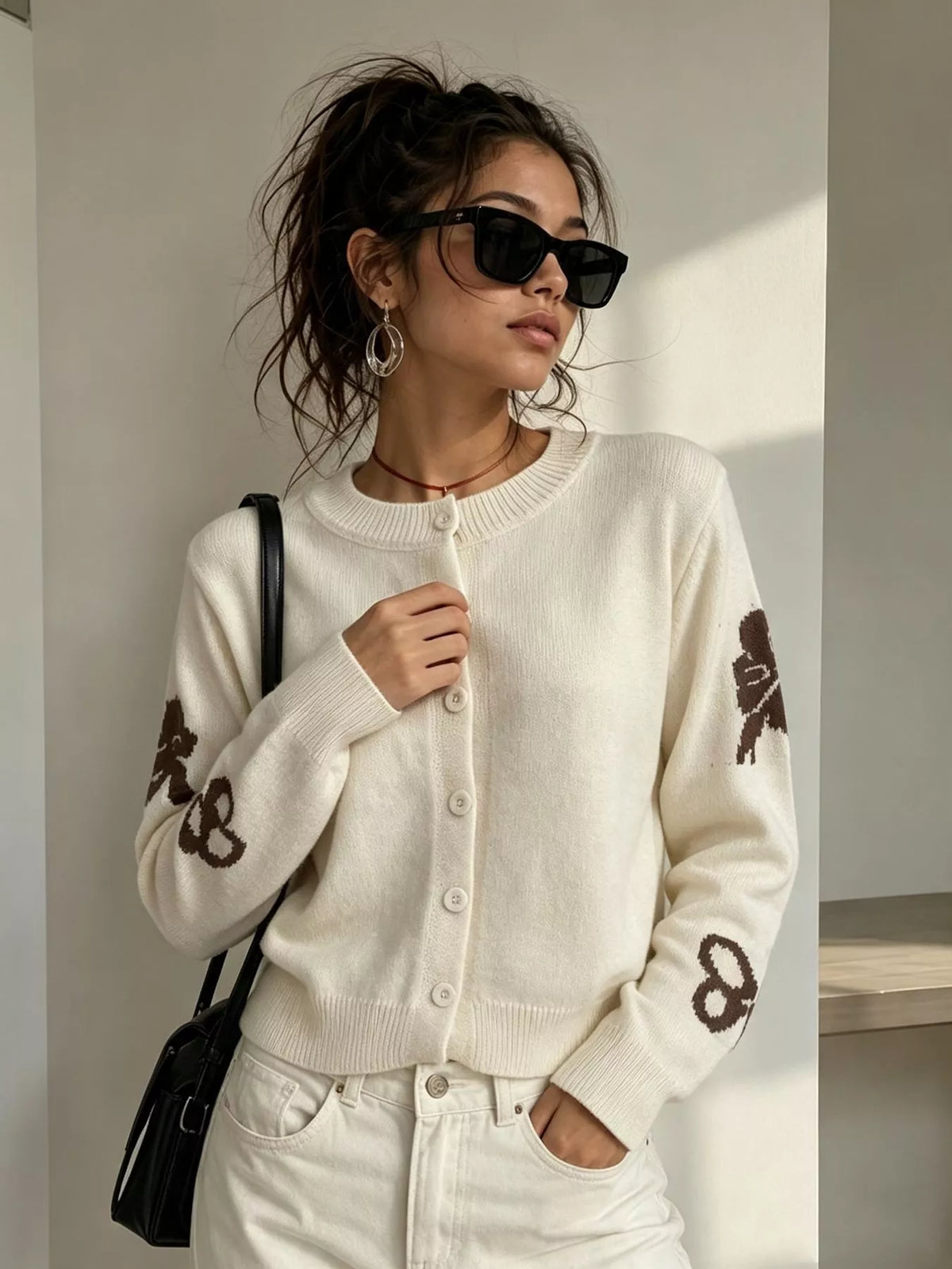 Floral Crew Neck Cropped Knit Cardigan in White