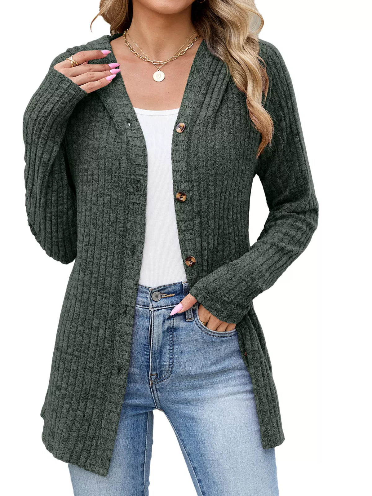 Ribbed Knit Hooded Button-Down Cardigan - Lilixa.store