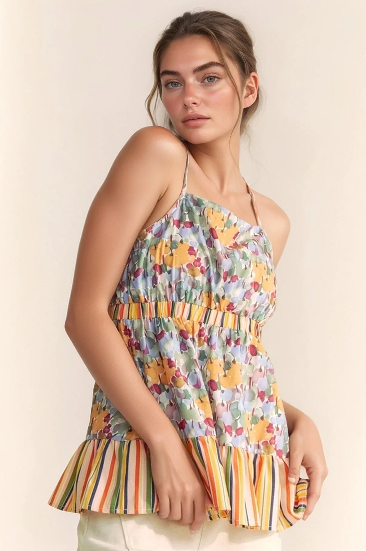 Davi & Dani Floral Smocked Sleeveless Ruffle Back Tie Top - Lilixa.store