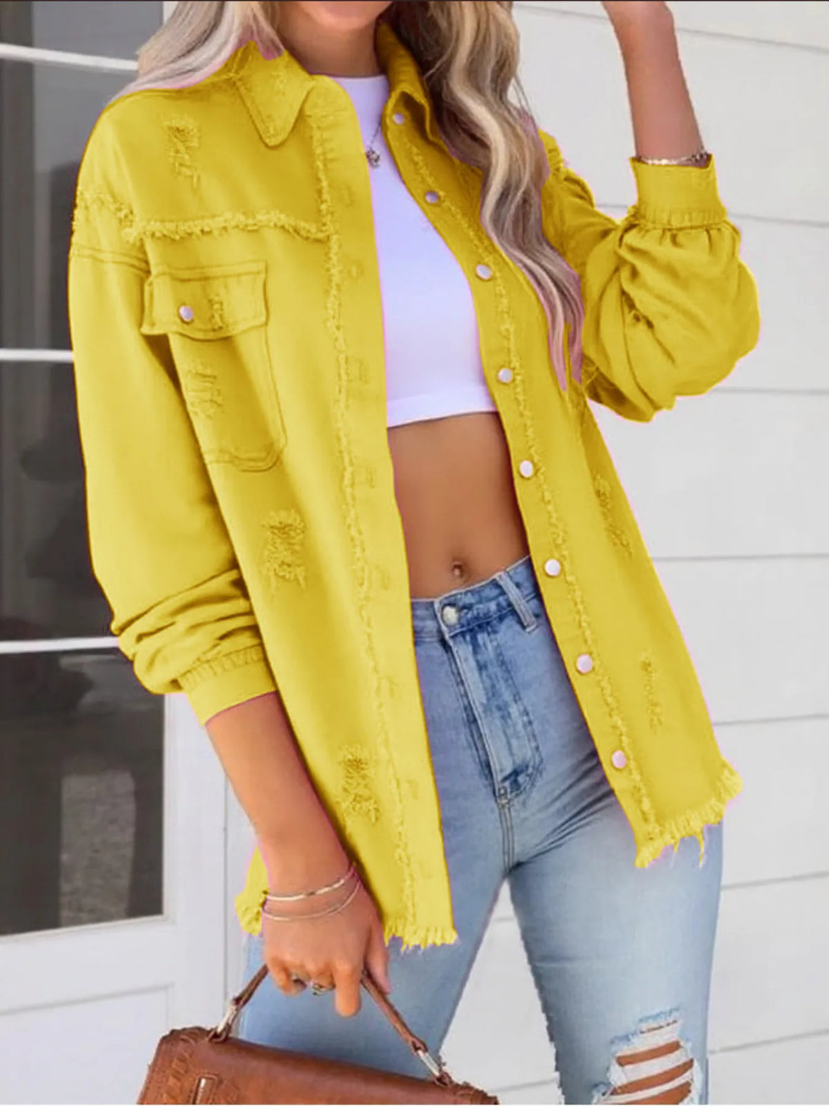 Distressed Denim Jacket with Frayed Edges - Lilixa.store