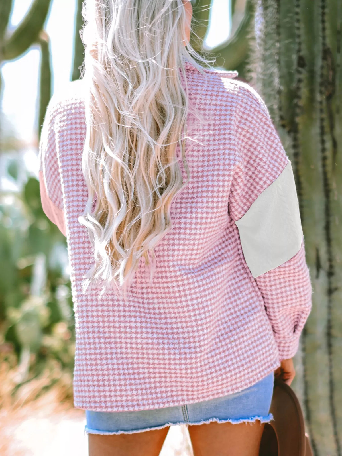 Button Down Houndstooth Color Block Shacket, view 10
