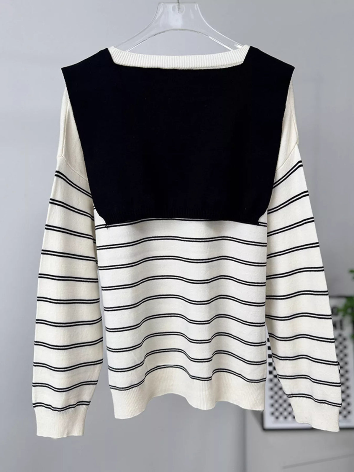 Classic Striped Crewneck Knit Top with Layered Sweater Detail, view 6