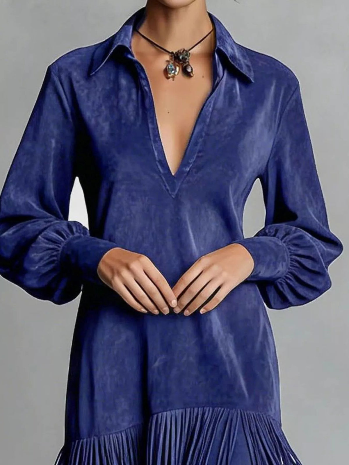Fringed Lantern Sleeve Dress - Lilixa.store