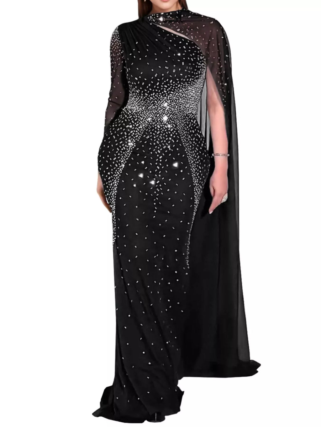 Rhinestone Embellished Cape Maxi Dress - Lilixa.store