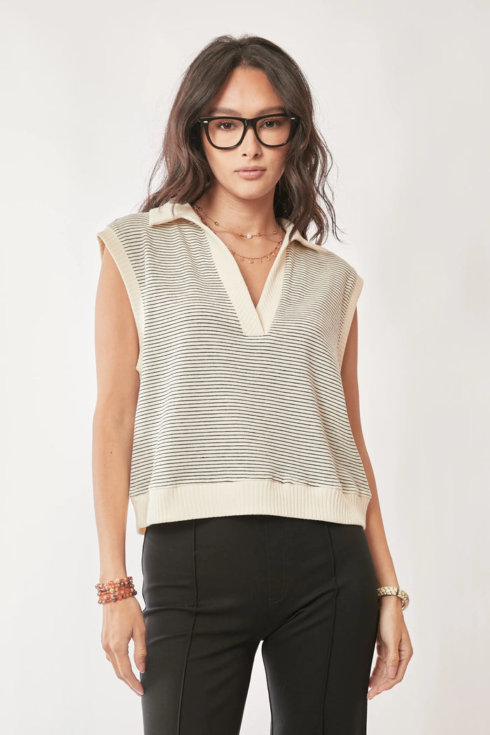 Davi & Dani French Terry Boxy Fit Striped Sweater Vest - Lilixa.store