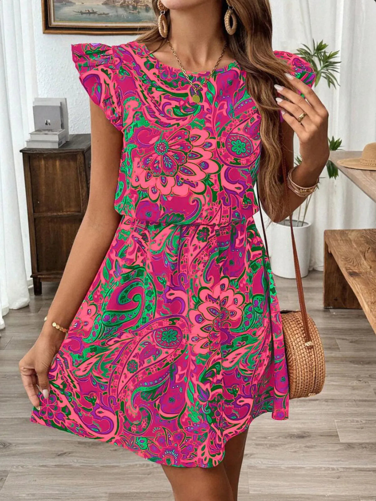 Paisley Print Ruffle Sleeve Mini Dress - Lilixa.store