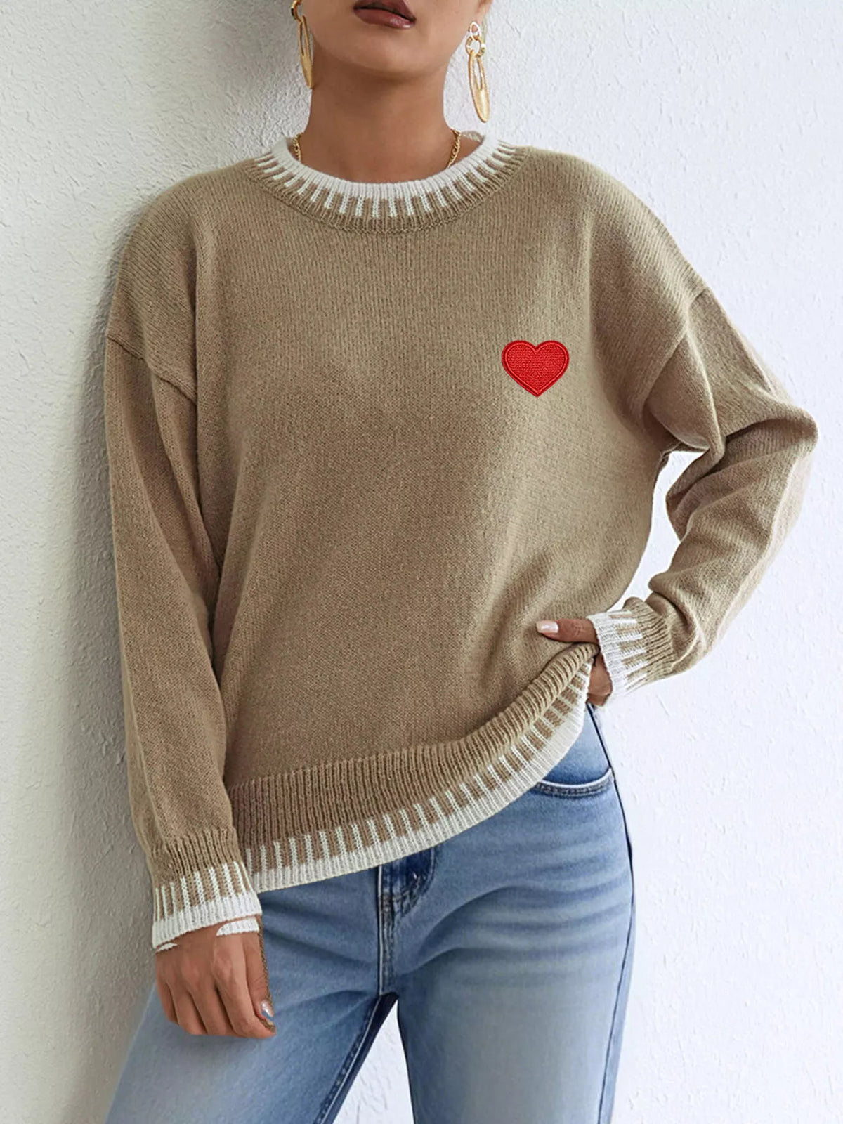 Heart-Embroidered Contrast Trim Sweater, view 2