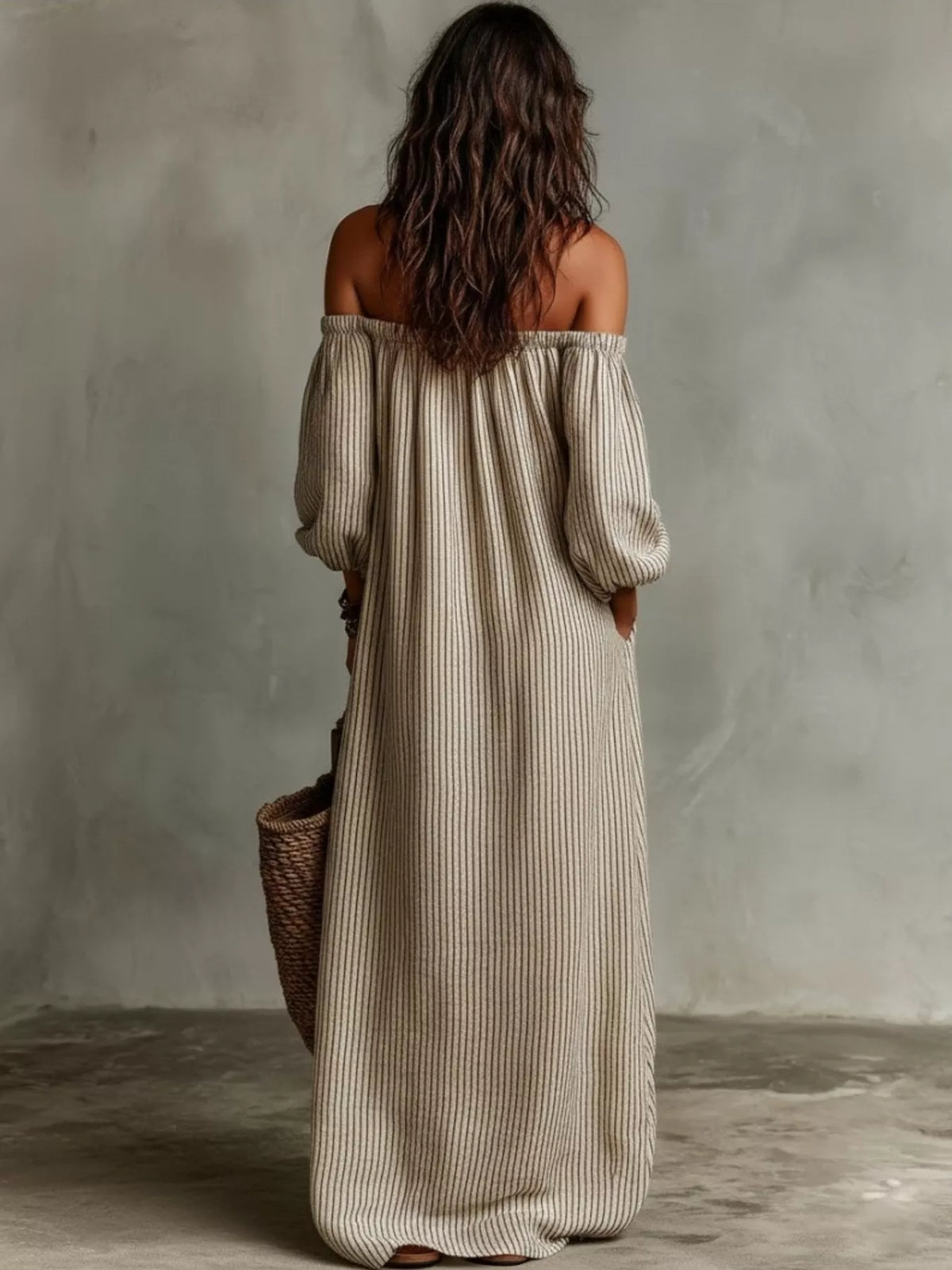 Full Size Off-Shoulder Striped Maxi Dress with Puff Sleeves Plus Size - Lilixa.store