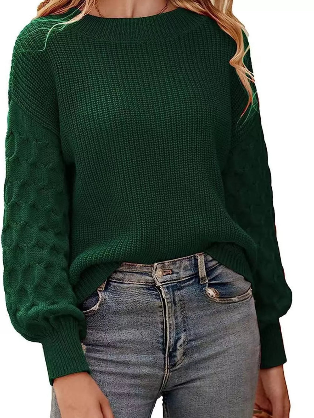 Textured Sleeve Round Neck Sweater