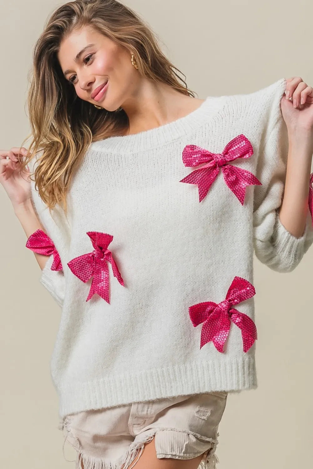 BiBi Sequin Bow Puff Sleeve Sweater - Lilixa.store
