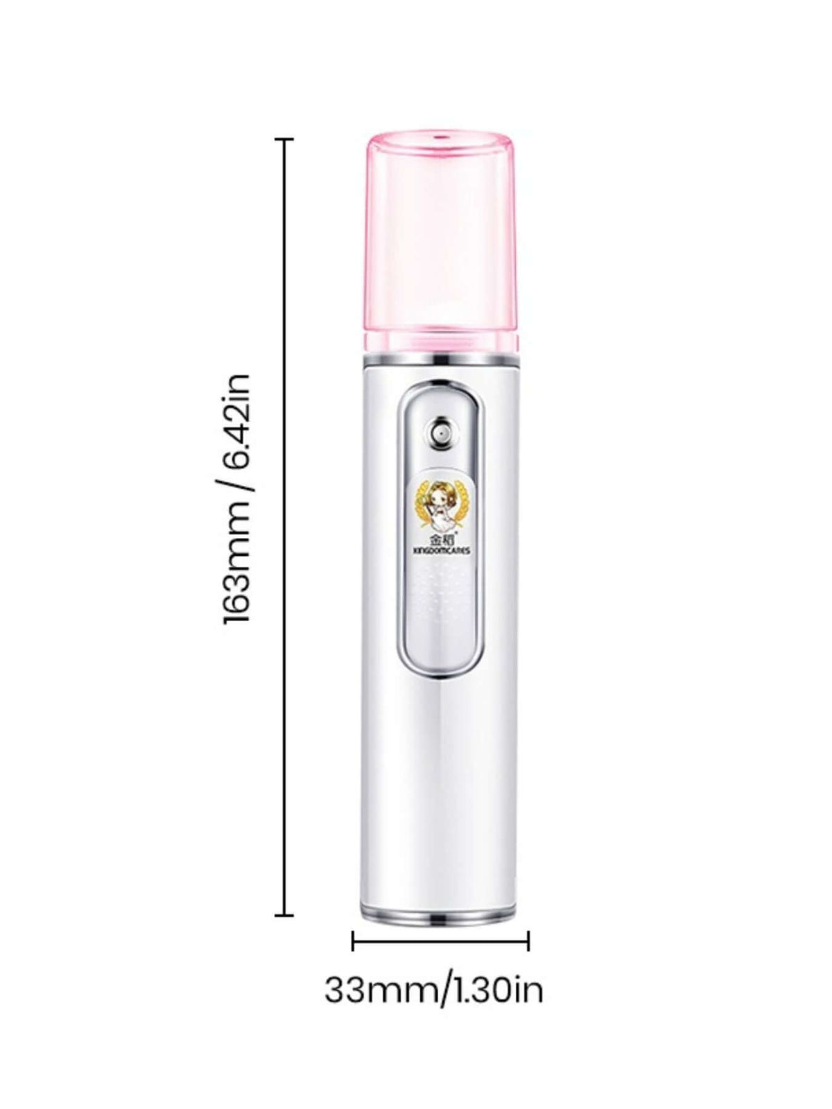 Portable Facial Mister Nano Sprayer measurements showing height of 163mm and width of 33mm, sleek silver design.