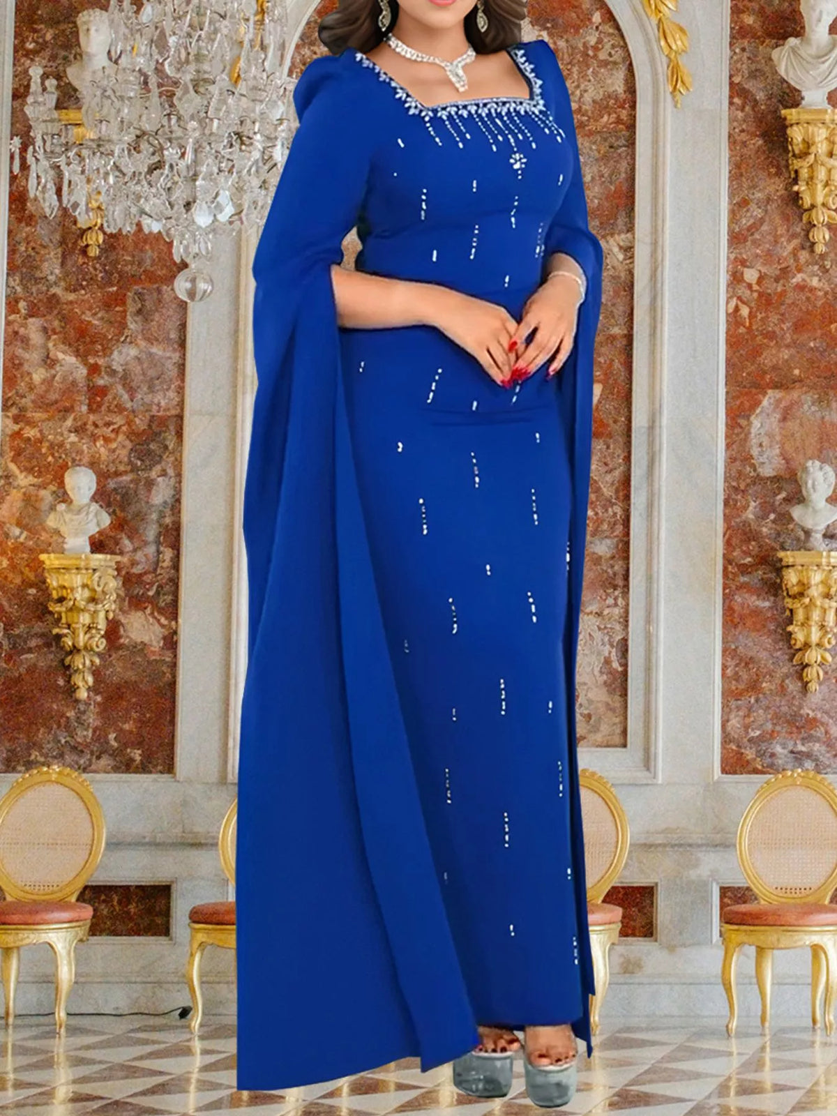 Rhinestone Square Neck Slit Sleeve Maxi Dress - Lilixa.store
