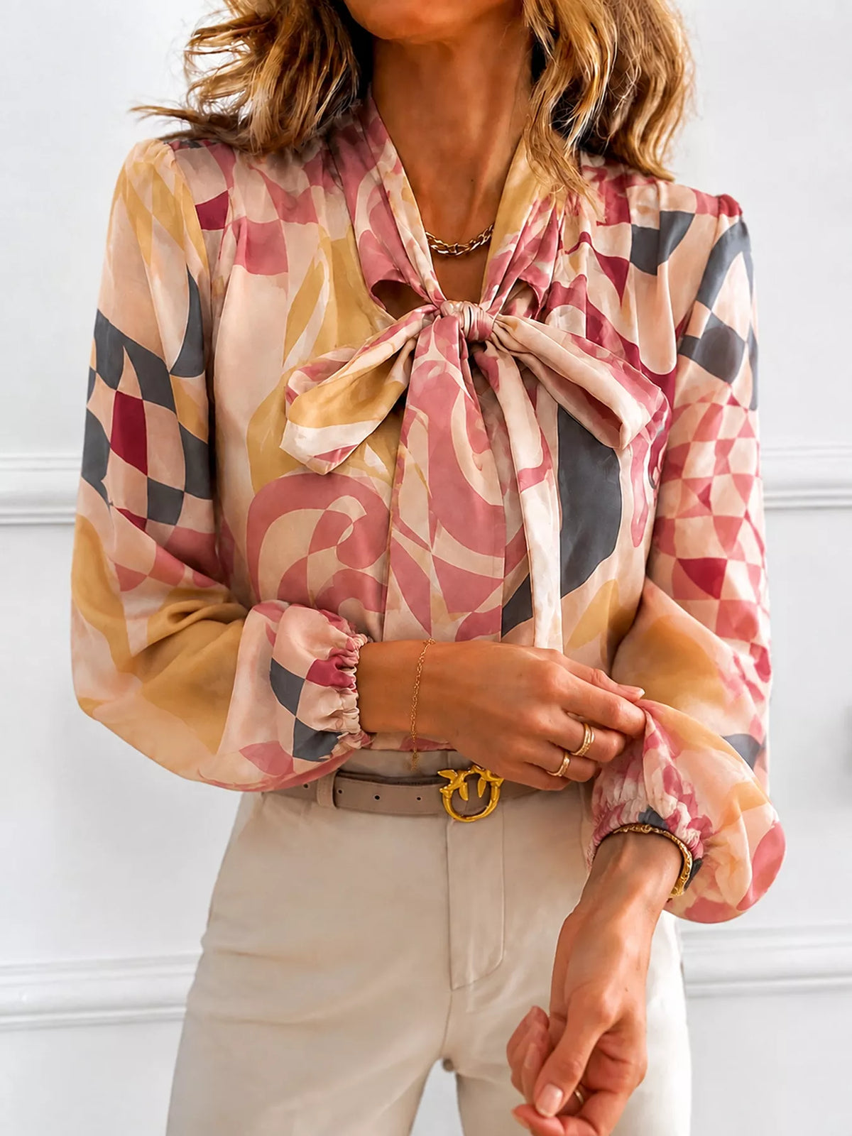 Printed Bow-Tie Neck Long Sleeve Blouse