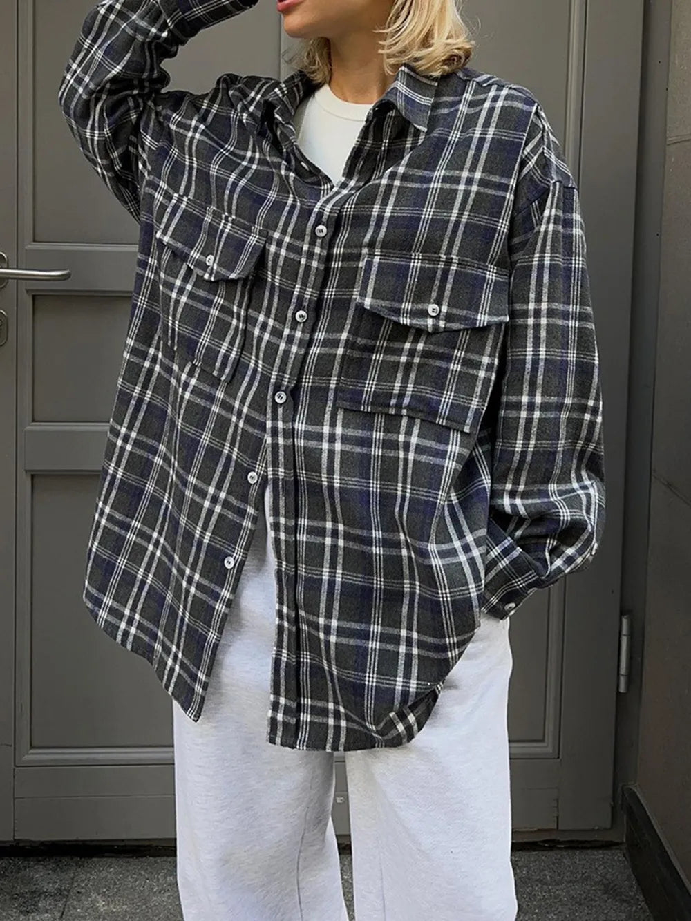 Pocketed Plaid Button Up Shacket in Dark Navy