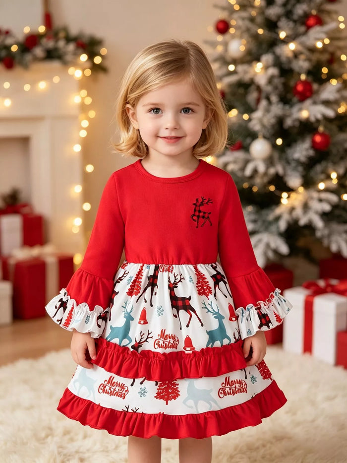 Children's Christmas Reindeer Print Ruffle Hem Long Sleeve Dress in Red