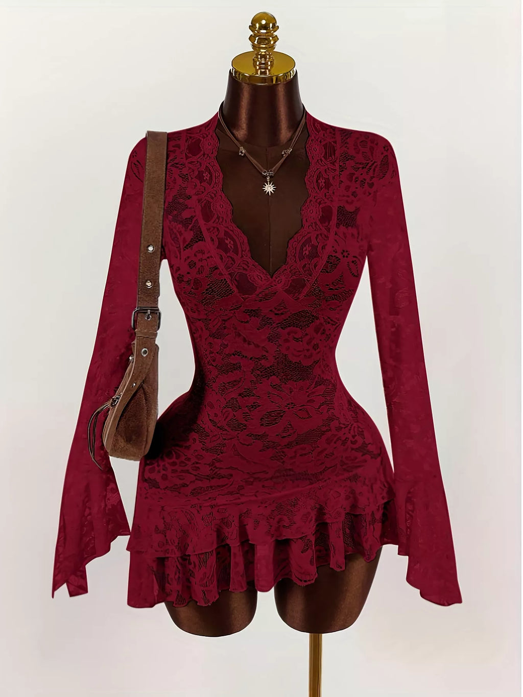 Lace V-Neck Long Sleeve Ruffled Blouse - Lilixa.store