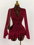 Lace V-Neck Long Sleeve Ruffled Blouse - Lilixa.store
