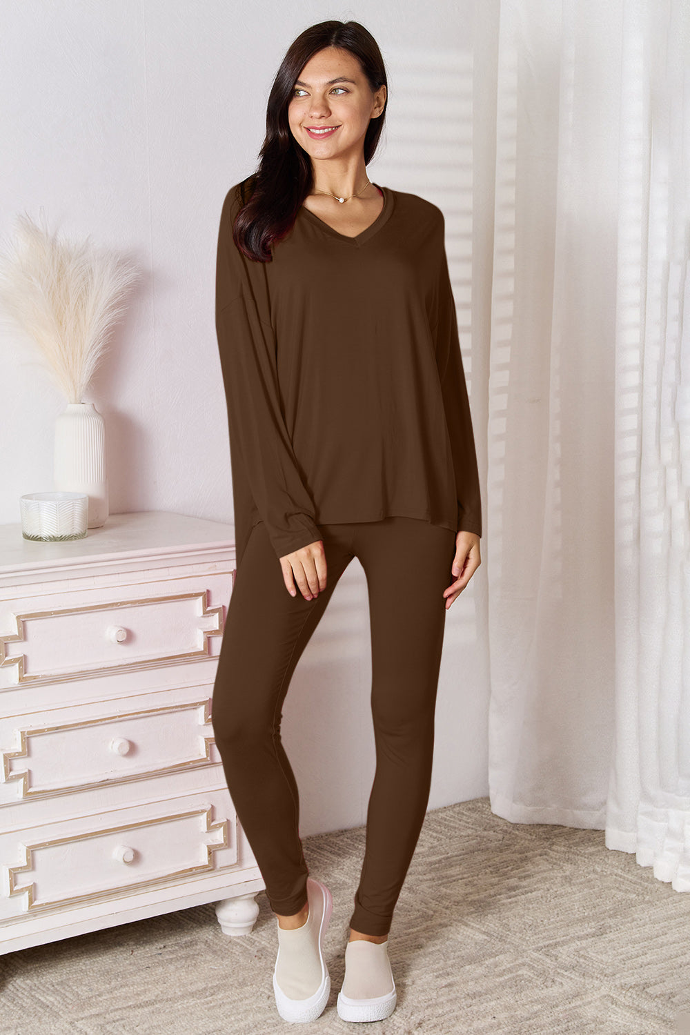 Basic Bae Full Size V-Neck Soft Rayon Long Sleeve Top and Pants Lounge Set - Lilixa.store
