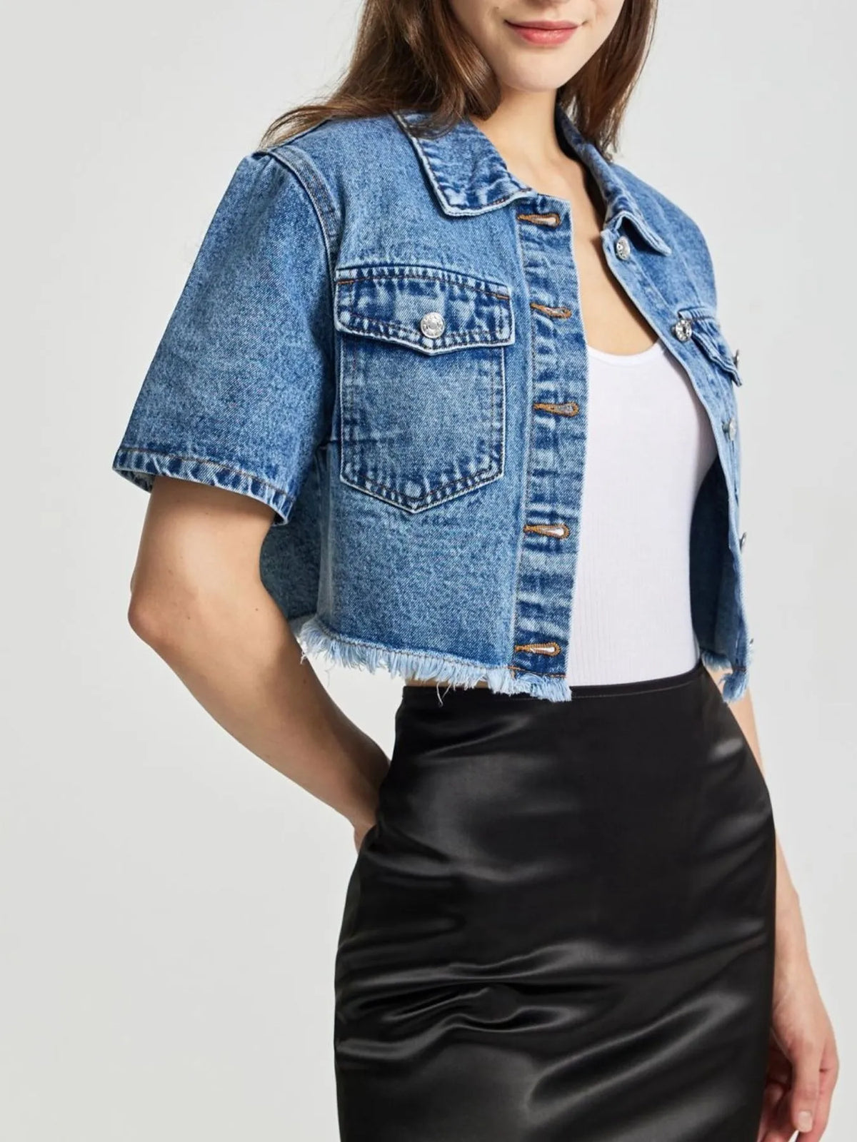 Cropped Short Sleeve Denim Jacket with Frayed Hem in Blue, view 7