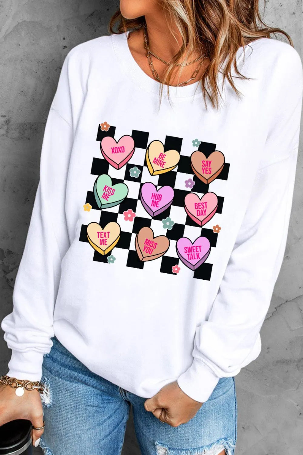 Valentine's Day Checkered Heart Long Sleeve Sweatshirt - Lilixa.store